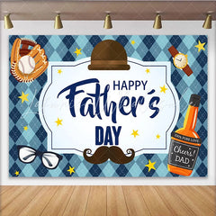 Lofaris Blue Argyle Happy Father’s Day Backdrop with Baseball Glove and Hat Mustache and Glasses Photo Background for Party Decor