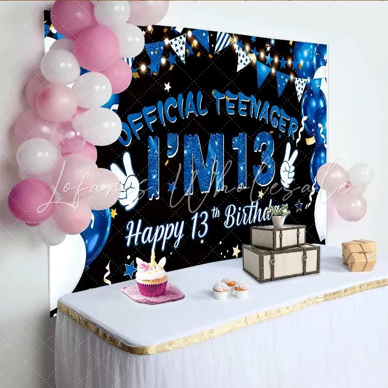 Lofaris Blue Balloons Official Teenager 13th Birthday Backdrop IM 13 Galaxy Stars Milestone Party Decor