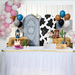 Lofaris Blue Bandana and Cow Print Cowboy Birthday Backdrop with Arched Panels Western Ranch Party Decor for Kids Photoshoot
