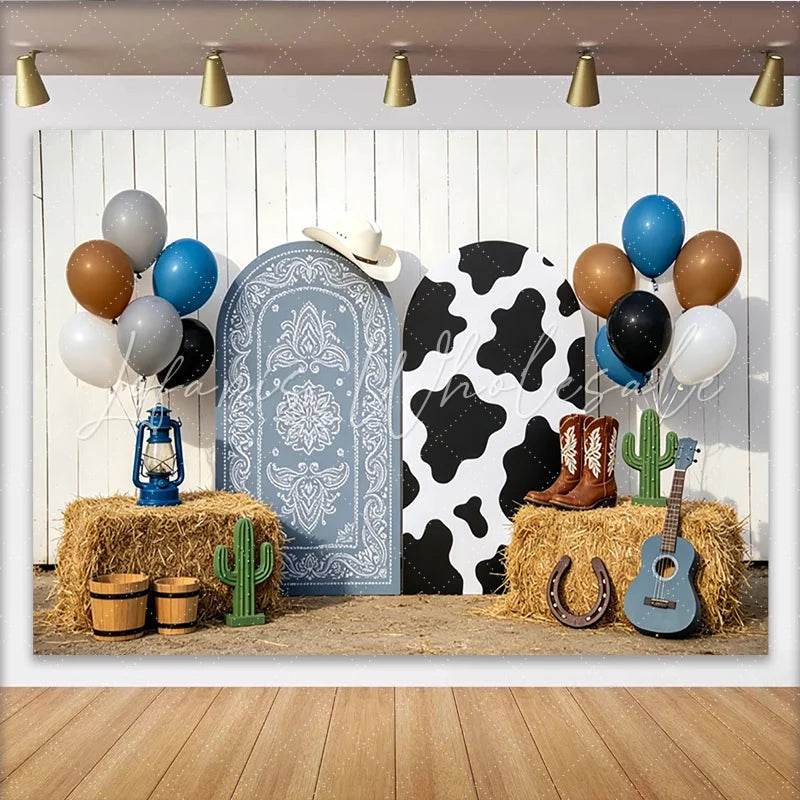 Lofaris Blue Bandana and Cow Print Cowboy Birthday Backdrop with Arched Panels Western Ranch Party Decor for Kids Photoshoot