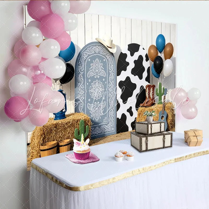 Lofaris Blue Bandana and Cow Print Cowboy Birthday Backdrop with Arched Panels Western Ranch Party Decor for Kids Photoshoot