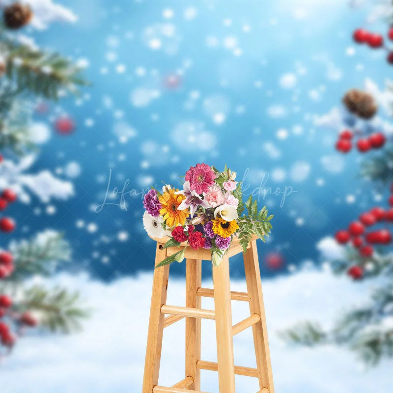 Lofaris Blue Bokeh Snow Cherry Pine Leaves Christmas Backdrop