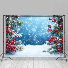 Lofaris Blue Bokeh Snow Cherry Pine Leaves Christmas Backdrop