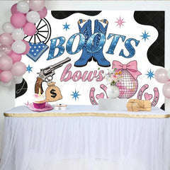 Lofaris Blue Boots and Pink Bows Baby Shower Backdrop with Cow Print Western Gender Reveal Party Photography Background
