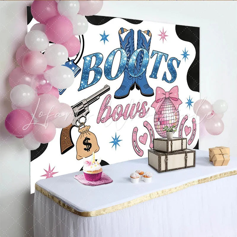 Lofaris Blue Boots and Pink Bows Baby Shower Backdrop with Cow Print Western Gender Reveal Party Photography Background
