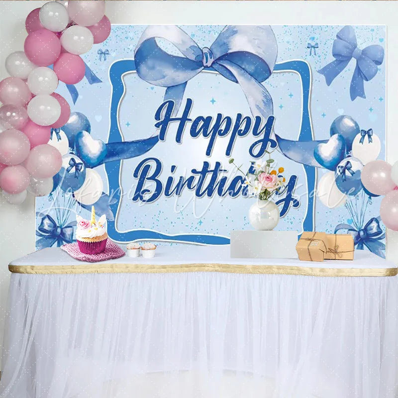 Lofaris Blue Bow Happy Birthday Backdrop Watercolor Balloons Diamonds Sparkle Background Boy Prince Party Cake Table Banner