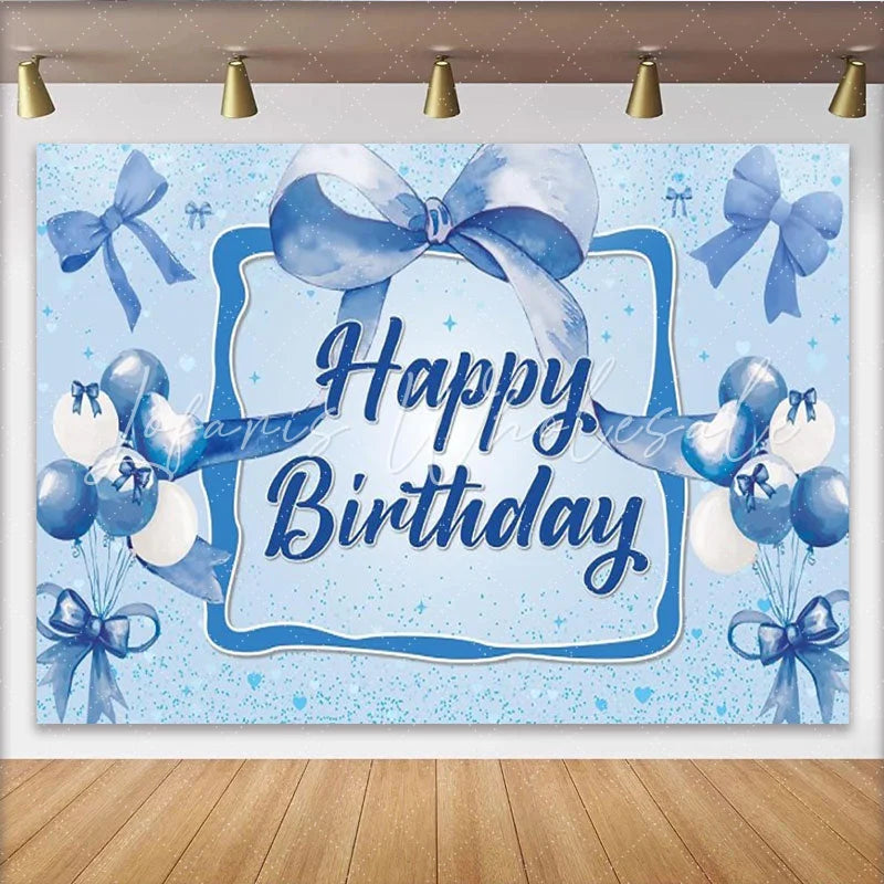 Lofaris Blue Bow Happy Birthday Backdrop Watercolor Balloons Diamonds Sparkle Background Boy Prince Party Cake Table Banner