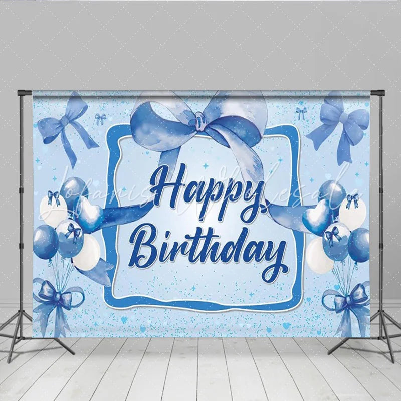 Lofaris Blue Bow Happy Birthday Backdrop Watercolor Balloons Diamonds Sparkle Background Boy Prince Party Cake Table Banner