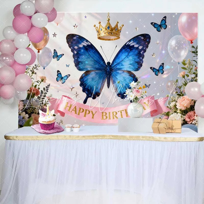Lofaris Blue Butterfly and Golden Crown Happy Birthday Cake Smash Backdrop Elegant Floral Balloons Decor