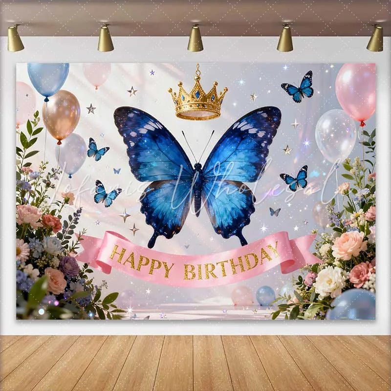 Lofaris Blue Butterfly and Golden Crown Happy Birthday Cake Smash Backdrop Elegant Floral Balloons Decor