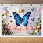 Lofaris Blue Butterfly and Golden Crown Happy Birthday Cake Smash Backdrop Elegant Floral Balloons Decor