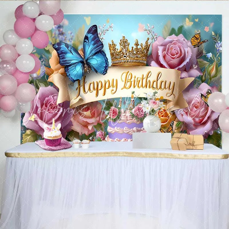 Lofaris Blue Butterfly Birthday Backdrop Gold Crown Floral Background Princess Cake Table Photography Prop