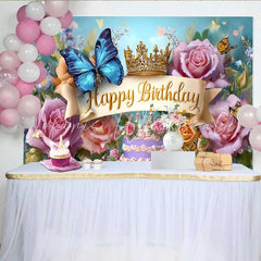 Lofaris Blue Butterfly Birthday Backdrop Gold Crown Floral Background Princess Cake Table Photography Prop