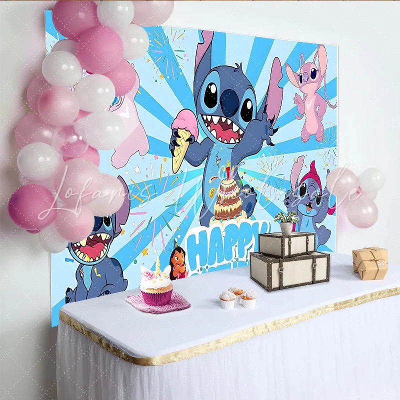 Lofaris Blue Cartoon Birthday Backdrop with Alien Characters Cake and Ice Cream Fun Party Decoration for Kids Photoshoot