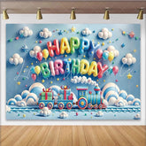 Lofaris Blue Cartoon Train Birthday Backdrop with Colorful Balloons and Gift Boxes Party Decor for Kids Photoshoot