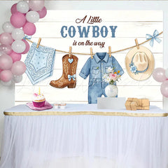 Lofaris Blue Cowboy Baby Shower Backdrop Little Cowboy Is On The Way White Wood Plank Photography Background with Baby Outfits