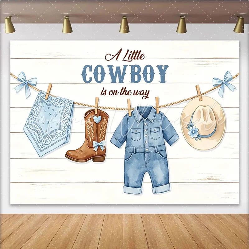 Lofaris Blue Cowboy Baby Shower Backdrop Little Cowboy Is On The Way White Wood Plank Photography Background with Baby Outfits
