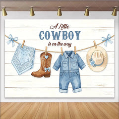 Lofaris Blue Cowboy Baby Shower Backdrop Little Cowboy Is On The Way White Wood Plank Photography Background with Baby Outfits