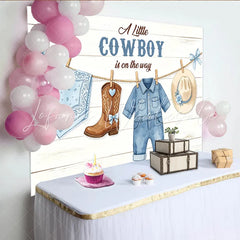 Lofaris Blue Cowboy Baby Shower Backdrop Little Cowboy Is On The Way White Wood Plank Photography Background with Baby Outfits