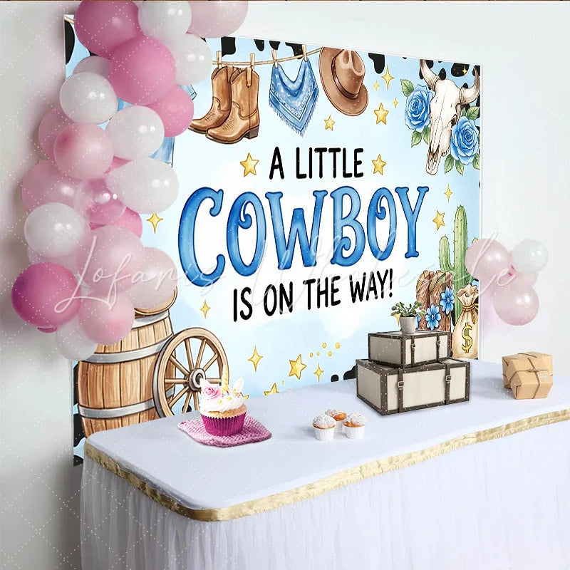 Lofaris Blue Cowboy Baby Shower Backdrop with Boots Hat and Cactus Western Theme Party Background for Boy Baby Shower Decorations
