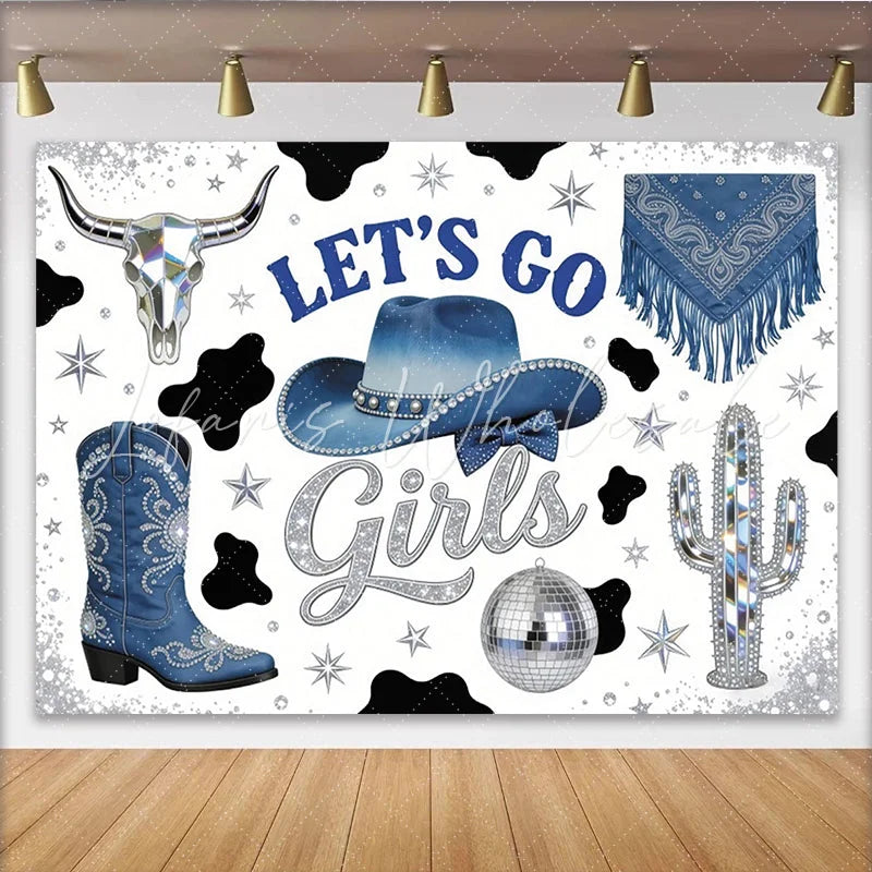 Lofaris Blue Cowgirl Disco Birthday Backdrop Let’s Go Girls and Glitter Sparkling Boots Hat Cow Print Western Party Photo Booth Prop