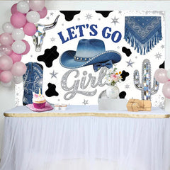 Lofaris Blue Cowgirl Disco Birthday Backdrop Let’s Go Girls and Glitter Sparkling Boots Hat Cow Print Western Party Photo Booth Prop