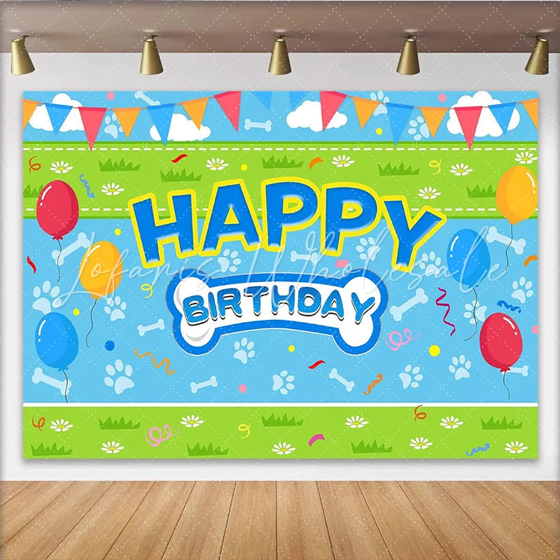 Lofaris Blue Dog Birthday Backdrop with Paw Prints and Bones Colorful Balloons Party Banner Decoration for Pet Celebration