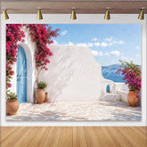 Lofaris Blue Door Mediterranean Photography Backdrop Pink Bougainvillea Island Background for Studio Photoshoot