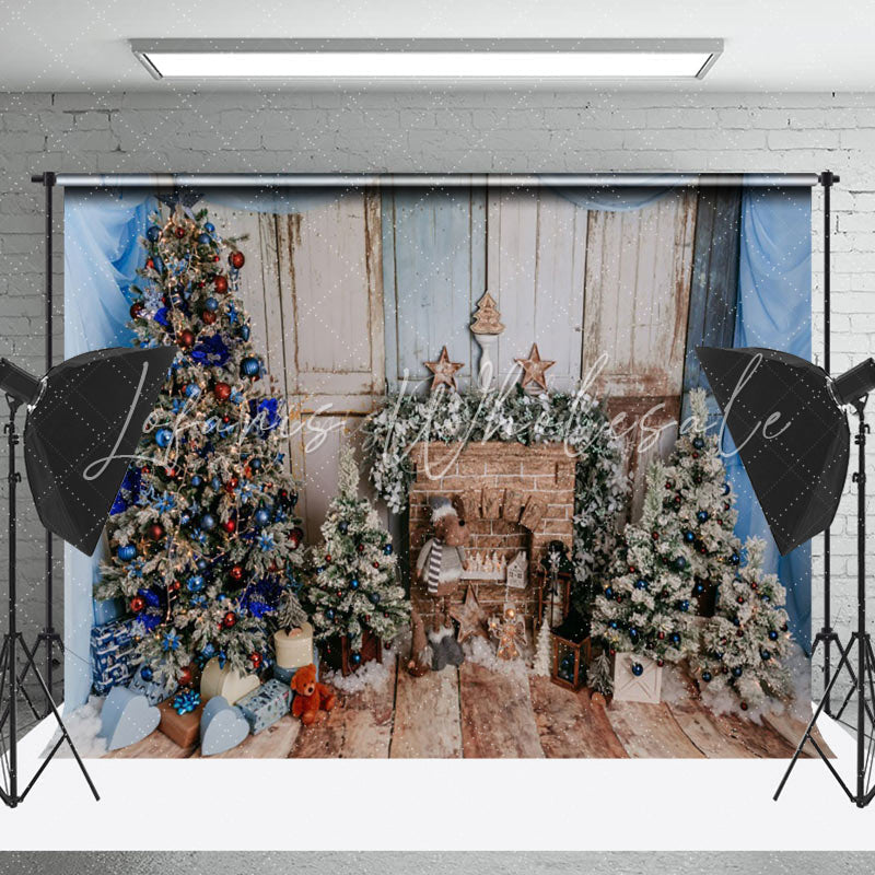 Lofaris Blue Drapes Brick Fireplace Wood Christmas Backdrop