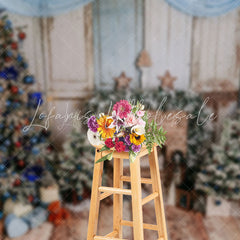 Lofaris Blue Drapes Brick Fireplace Wood Christmas Backdrop