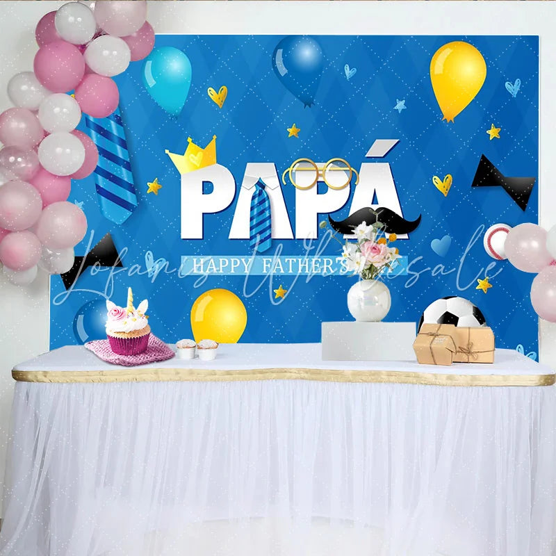 Lofaris Blue Fathers Day Backdrop with PAPÁ Text Crown Mustache Ties Festive Party Background for Celebration