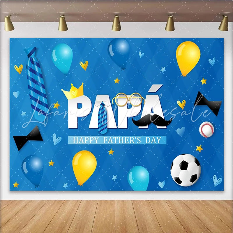 Lofaris Blue Fathers Day Backdrop with PAPÁ Text Crown Mustache Ties Festive Party Background for Celebration