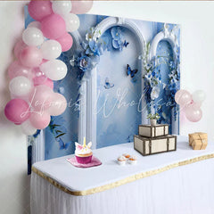 Lofaris Blue Floral Dream Fine Art Backdrop White Ornate Arch and Butterfly Photography Background