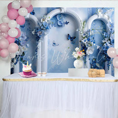 Lofaris Blue Floral Dream Fine Art Backdrop White Ornate Arch and Butterfly Photography Background