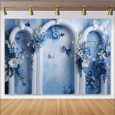Lofaris Blue Floral Dream Fine Art Backdrop White Ornate Arch and Butterfly Photography Background