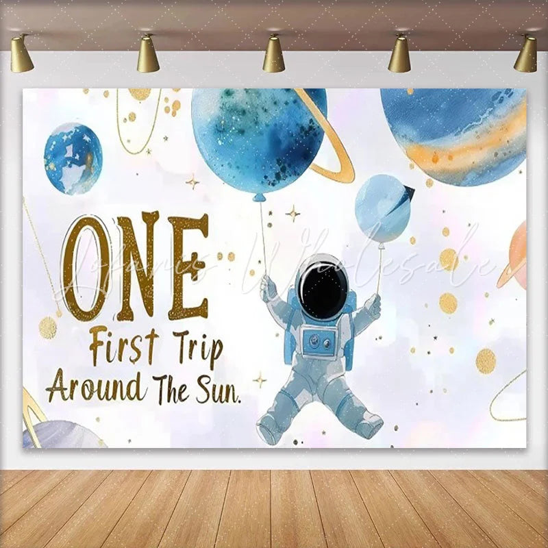 Lofaris Blue Gold Astronaut ONE First Trip Around The Sun Birthday Backdrop Outer Space First Birthday Party Decor