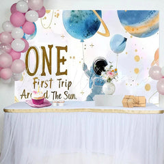 Lofaris Blue Gold Astronaut ONE First Trip Around The Sun Birthday Backdrop Outer Space First Birthday Party Decor