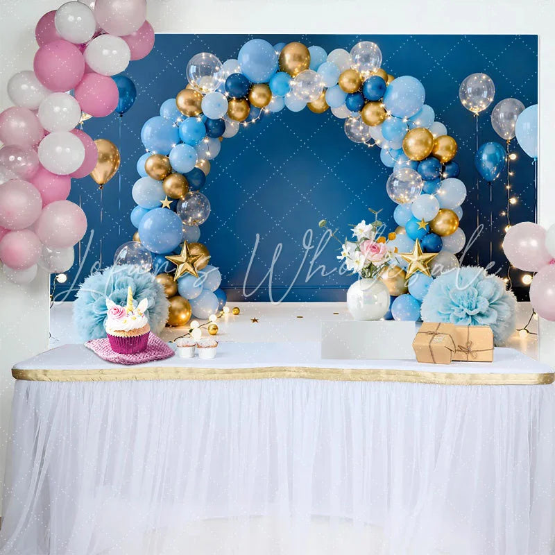 Lofaris Blue Gold Balloon Arch Birthday Cake Smash Backdrop Dark Blue Background Gold Stars String Lights Photography Party Decor