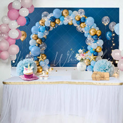 Lofaris Blue Gold Balloon Arch Birthday Cake Smash Backdrop Dark Blue Background Gold Stars String Lights Photography Party Decor