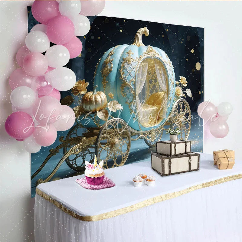 Lofaris Blue Gold Cinderella Pumpkin Carriage Photography Backdrop Elegant Fairytale Photo Booth Background for Princess Party