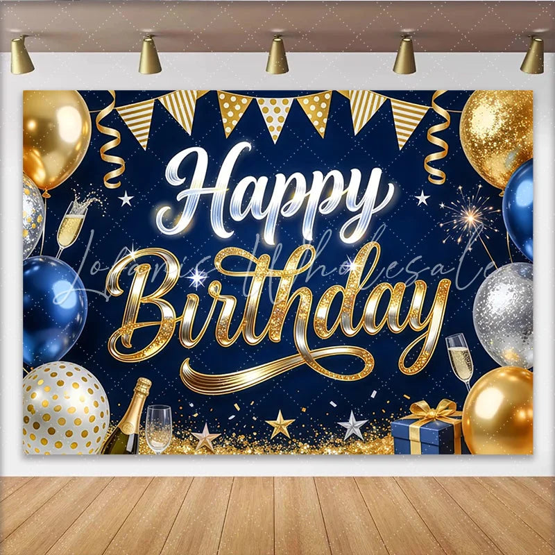 Lofaris Blue Gold Happy Birthday Backdrop with Balloons and Champagne Elegant Glitter Stars Photography Background for Party Decoration