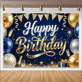 Lofaris Blue Gold Happy Birthday Backdrop with Balloons and Champagne Elegant Glitter Stars Photography Background for Party Decoration