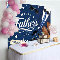 Lofaris Blue Happy Father’s Day Backdrop with Suit Tie and Gift Box Elegant Photography Background for Dad’s Celebration