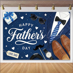 Lofaris Blue Happy Father’s Day Backdrop with Suit Tie and Gift Box Elegant Photography Background for Dad’s Celebration