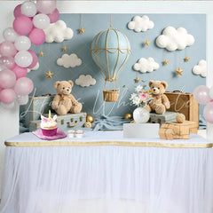 Lofaris Blue Hot Air Balloon Baby Shower Backdrop with Clouds and Stars Cute Teddy Bear Photography Background for Newborn