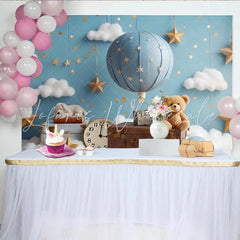 Lofaris Blue Hot Air Balloon Baby Shower Backdrop with Golden Stars and White Clouds Dreamy Photography Background for Newborns and Kids