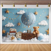 Lofaris Blue Hot Air Balloon Baby Shower Backdrop with Golden Stars and White Clouds Dreamy Photography Background for Newborns and Kids