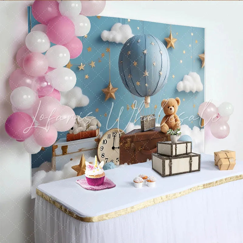 Lofaris Blue Hot Air Balloon Baby Shower Backdrop with Golden Stars and White Clouds Dreamy Photography Background for Newborns and Kids