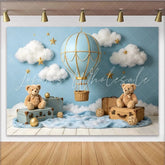 Lofaris Blue Hot Air Balloon Photography Backdrop for Baby Photoshoot Dreamy Cloud and Star Studio Background with Teddy Bears