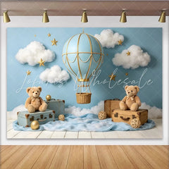Lofaris Blue Hot Air Balloon Photography Backdrop for Baby Photoshoot Dreamy Cloud and Star Studio Background with Teddy Bears